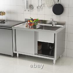 110cm Single Bowl Stainless Steel Catering Sink Cabinet withPlatform &Sliding Door