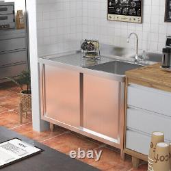 110cm Single Bowl Stainless Steel Catering Sink Cabinet withPlatform &Sliding Door