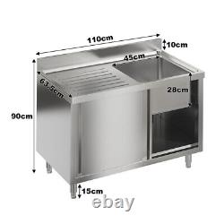 110cm Single Bowl Stainless Steel Catering Sink Cabinet withPlatform &Sliding Door