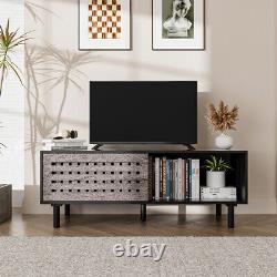 120cm TV Unit Stand Table with Slatted Sliding Door Shelf Storage Cabinet Retro