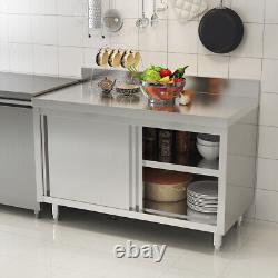 2 Tiers Stainless Steel Catering Work Table Sliding Door Storage Cabinet Kitchen