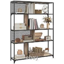 5-Tier Industrial Bookshelf Sliding Mesh Doors Metal Shelving Unit Living Room