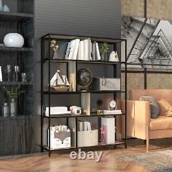 5-Tier Industrial Bookshelf Sliding Mesh Doors Metal Shelving Unit Living Room