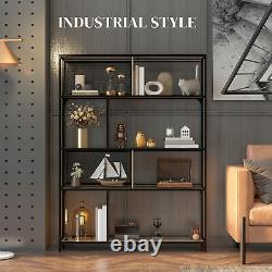 5-Tier Industrial Bookshelf Sliding Mesh Doors Metal Shelving Unit Living Room