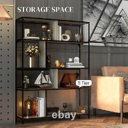 5-Tier Industrial Bookshelf Sliding Mesh Doors Metal Shelving Unit Living Room