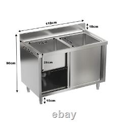 Large Catering Kitchen Washing Sink Cabinet Sliding Door Storage Shelf Cupboard