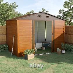 Large Metal Garden Shed 9 x 6ft Wood Effect Tool Storage Sliding Door with Lock