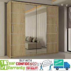 Lisbon Modern Double Sliding Door Wardrobe with Center Mirror 4 Sizes OAK