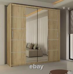 Lisbon Modern Double Sliding Door Wardrobe with Center Mirror 4 Sizes OAK