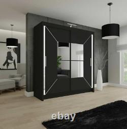 Nicole Modern Double Sliding Door Wardrobe with LED Lighting 4 Sizes Black