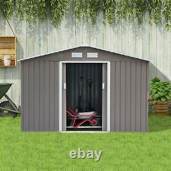 Outsunny 9 x 6FT Galvanised Garden Storage Shed with Sliding Door, Grey
