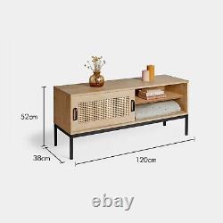 Rattan TV Unit Cabinet Stand Wood Effect 1 Door Storage & 3 Shelves VonHaus