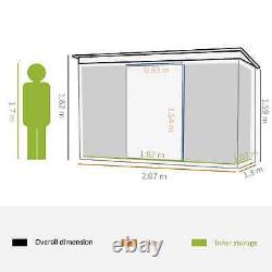 Abri de jardin en acier avec double porte coulissante, fondation pour le stockage d'outils et d'équipement vert.