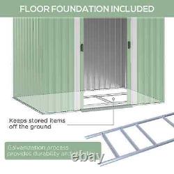 Abri de jardin en acier avec double porte coulissante, fondation pour le stockage d'outils et d'équipement vert.