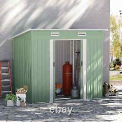 Abri de jardin en acier avec double porte coulissante, fondation pour le stockage d'outils et d'équipement vert.