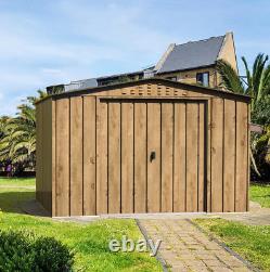 Abri de jardin en métal avec toit en pente, aspect bois, pour ranger les vélos avec des portes coulissantes.