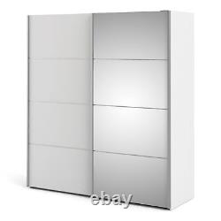 Armoire coulissante blanche avec miroir et 5 étagères de rangement pour vêtements de 180cm de haut - Fowler