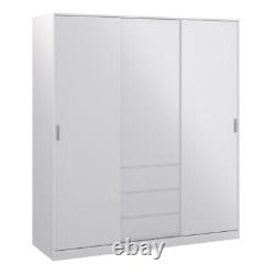 Grande armoire blanche triple avec portes coulissantes, 3 tiroirs, étagères, barre de suspension et rangement