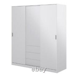 Grande armoire blanche triple avec portes coulissantes, 3 tiroirs, étagères, barre de suspension et rangement