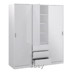 Grande armoire blanche triple avec portes coulissantes, 3 tiroirs, étagères, barre de suspension et rangement