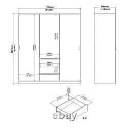 Grande armoire blanche triple avec portes coulissantes, 3 tiroirs, étagères, barre de suspension et rangement