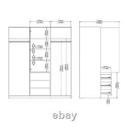 Grande armoire blanche triple avec portes coulissantes, 3 tiroirs, étagères, barre de suspension et rangement