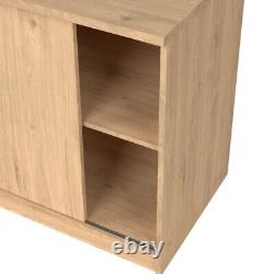 Grande armoire de rangement industrielle en bois avec finition chêne, porte coulissante et tiroirs.