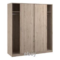 Grande armoire en chêne avec portes coulissantes triple, 3 tiroirs, étagères, barre de suspension et rangement
