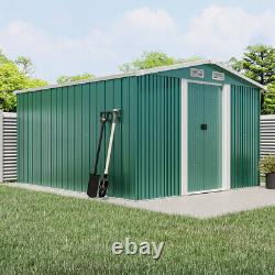 Hangar de jardin en métal avec toit en pente, rangement pour outils extérieurs, portes coulissantes + fondation
