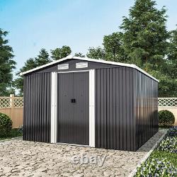 Hangar de jardin en métal avec toit en pente, rangement pour outils extérieurs, portes coulissantes + fondation