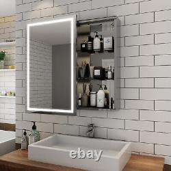 Miroir de salle de bains lumineux à LED avec étagère, armoire et capteur mural à porte coulissante