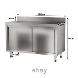 Table de restauration en acier inoxydable avec armoire de rangement à portes coulissantes pour cuisine de restaurant.
