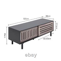 Table de support pour unité TV de 120 cm avec étagère coulissante à lattes et cabinet de rangement rétro