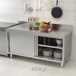 Table de travail de cuisine commerciale en acier inoxydable avec armoire de rangement à portes coulissantes