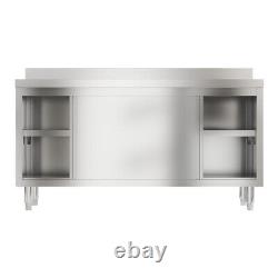 Table de travail de cuisine commerciale en acier inoxydable avec armoire de rangement à portes coulissantes